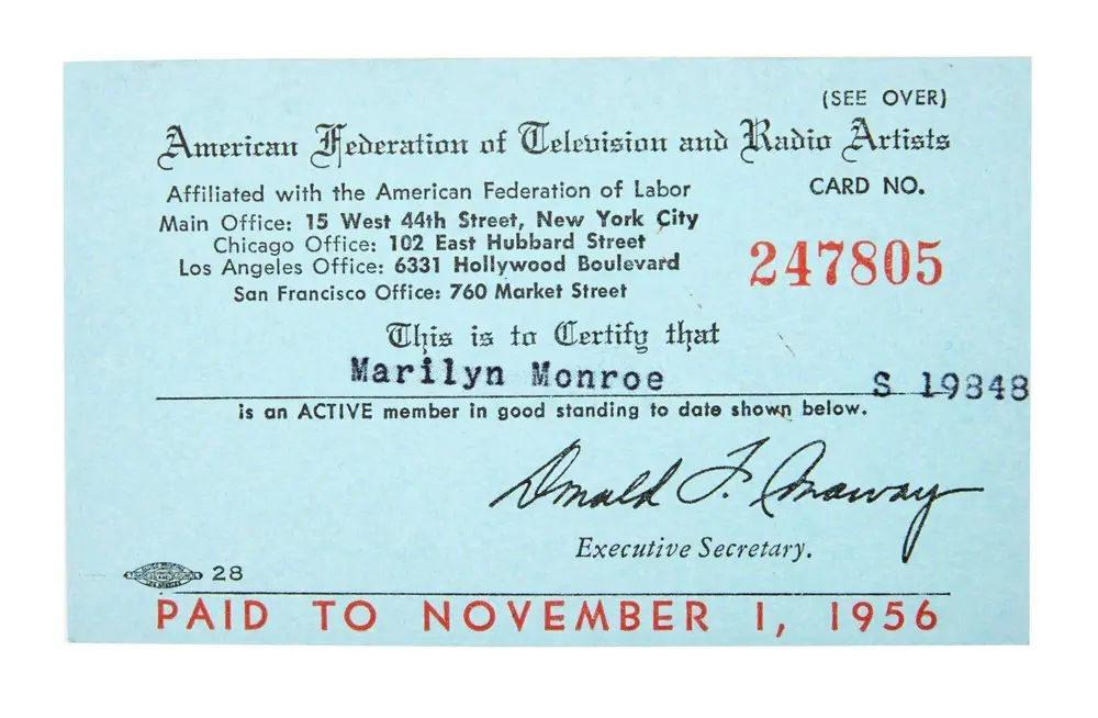 Juliens-Marilyn-Monroe-AFTRA-union-card